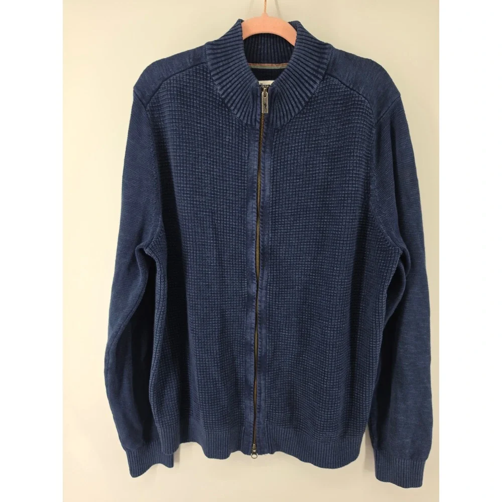 Tommy Bahama Mens XL Full Zip Cardigan Sweater Navy Blue Waffle Knit Cotton